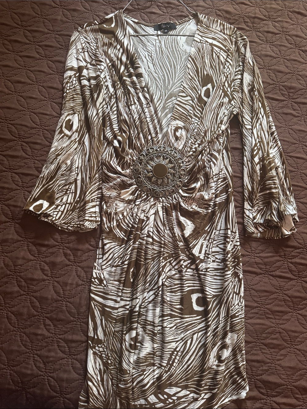 Sky Brown and White Long Sleeve Printed Wrap Dress with Decorative Medallion